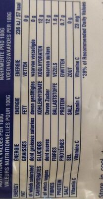 Dole profesional nutrition facts table