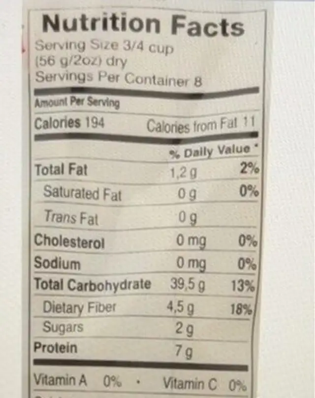 Whole wheat penne nutrition facts table