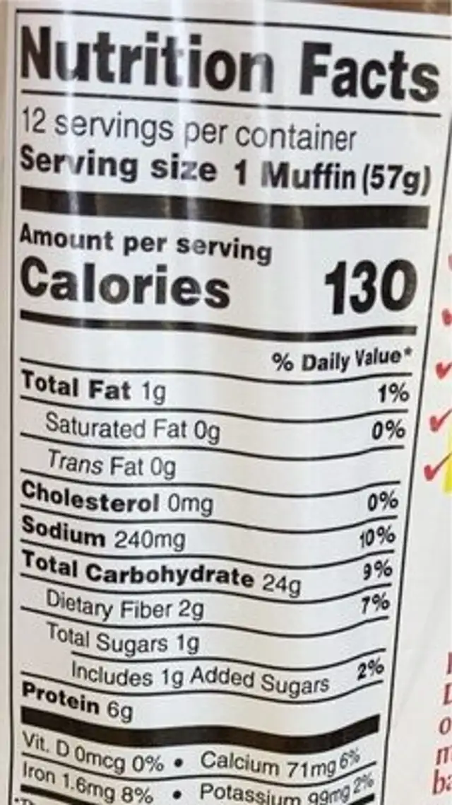 Whole wheat English Muffin nutrition facts table