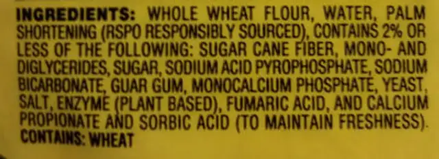 100% Wheat Tortillas ingredients label