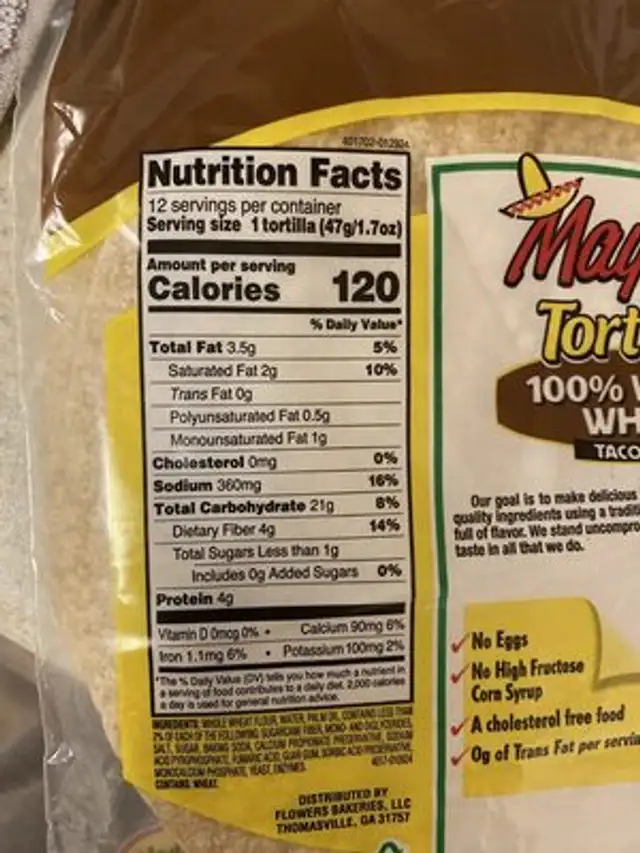 100% Wheat Tortillas nutrition facts table