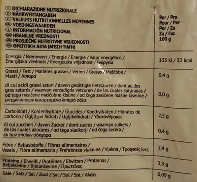 Sfoglielle di spinaci nutrition facts table