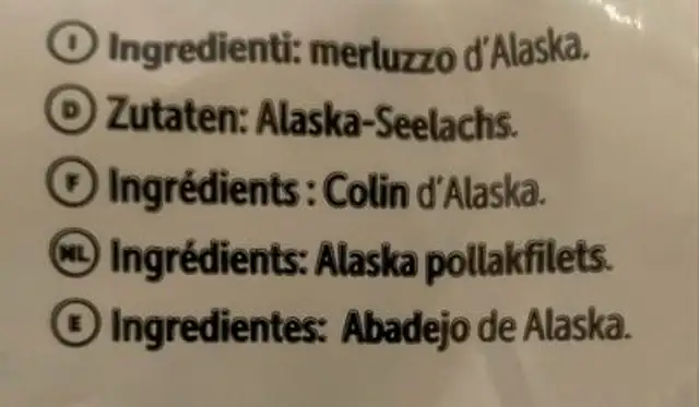 Alaska pollakfilets ingredients label