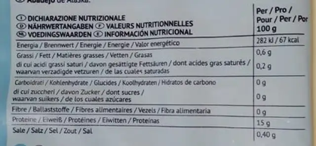 Alaska pollakfilets nutrition facts table