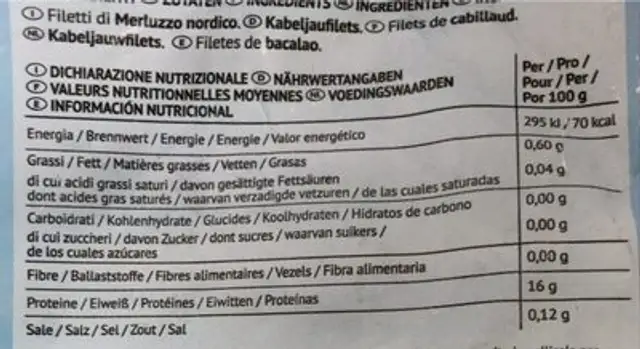 filetto di merluzzo nordico nutrition facts table