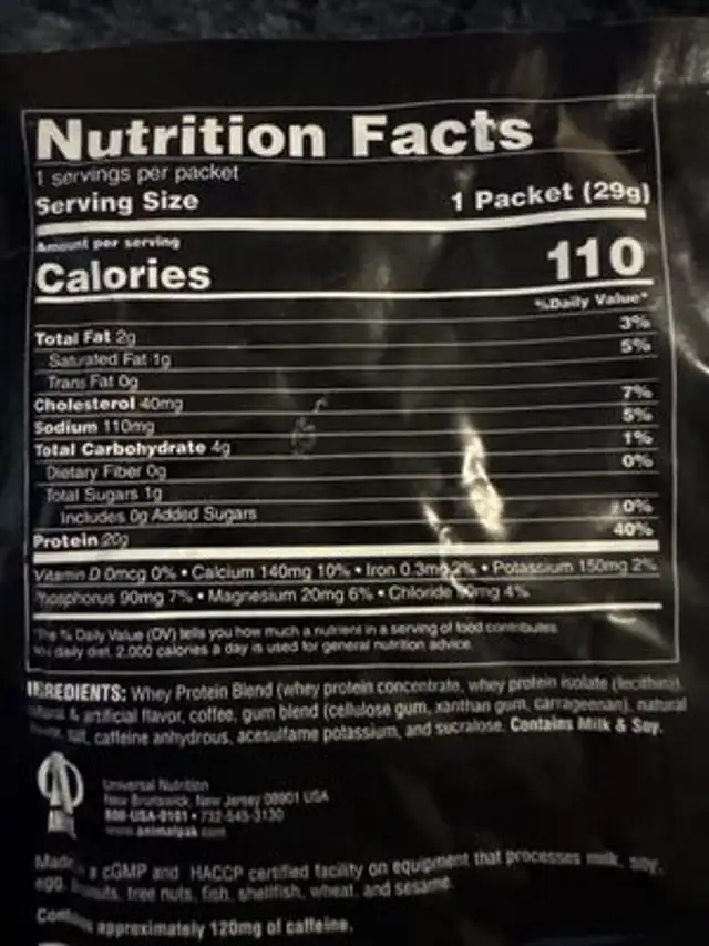 Animal Whey Protein, Cold Brew Latte nutrition facts table