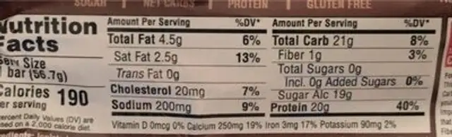 Cookie dough Protein Bar nutrition facts table