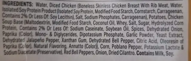chicken corn chowder ingredients label