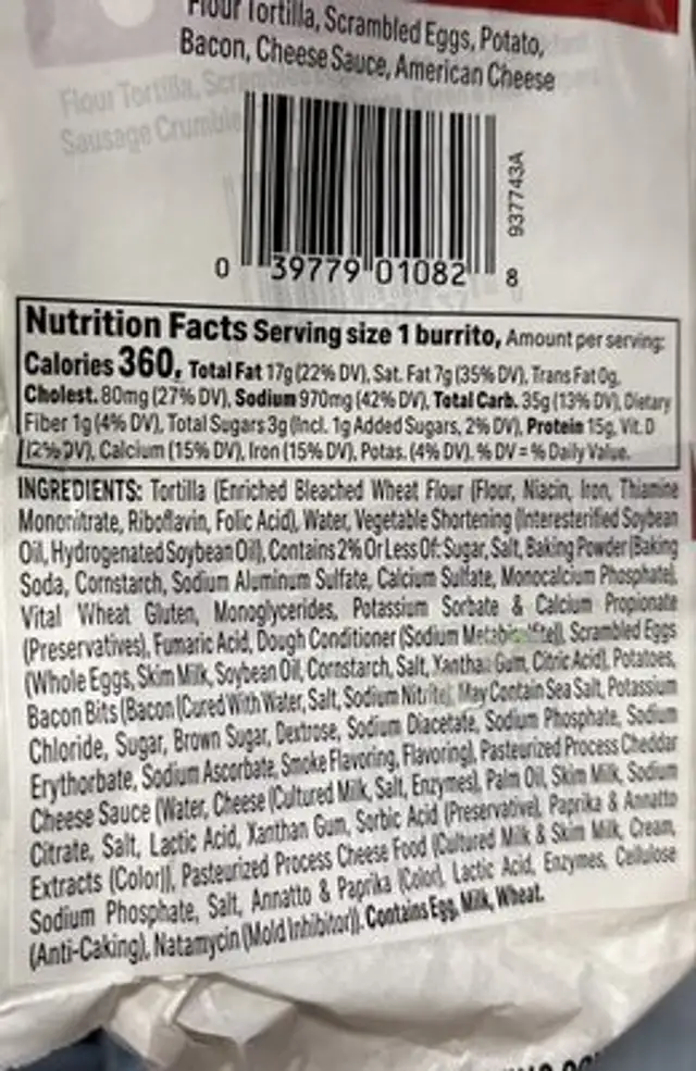 Potato Bacon Breakfast ingredients label