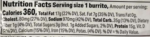 Potato Bacon Breakfast nutrition facts table