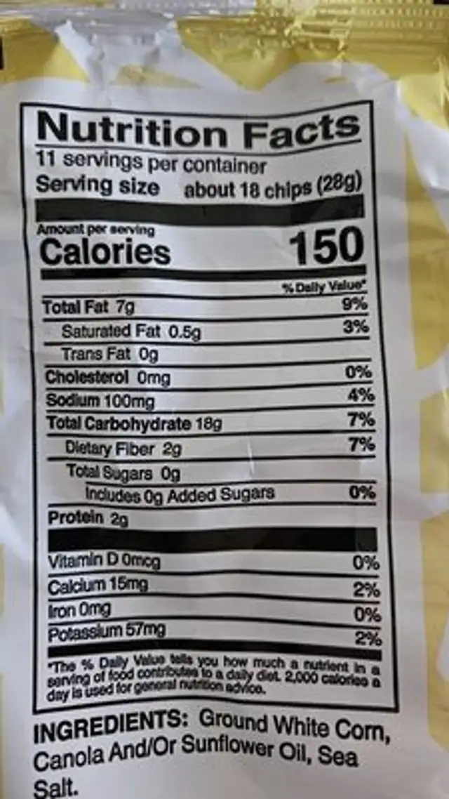 White corn tortilla chips nutrition facts table