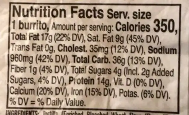 Sausage & Pepperoni Burrito nutrition facts table