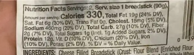 Cheese filled breadsticks nutrition facts table