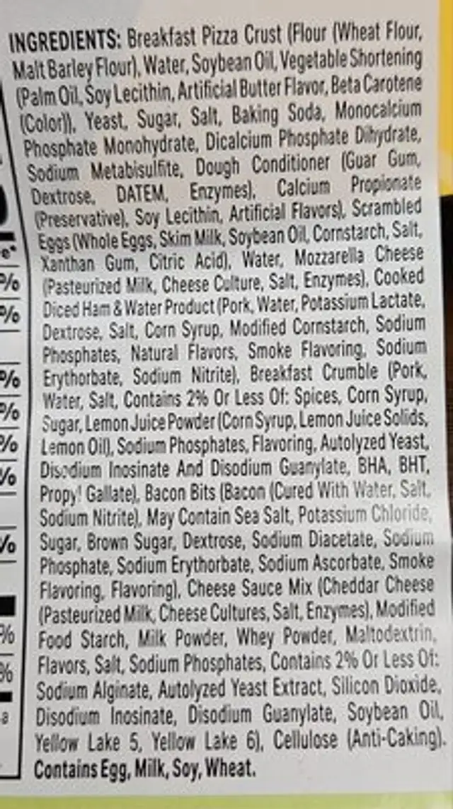 Croissant crust breakfast pizza ingredients label