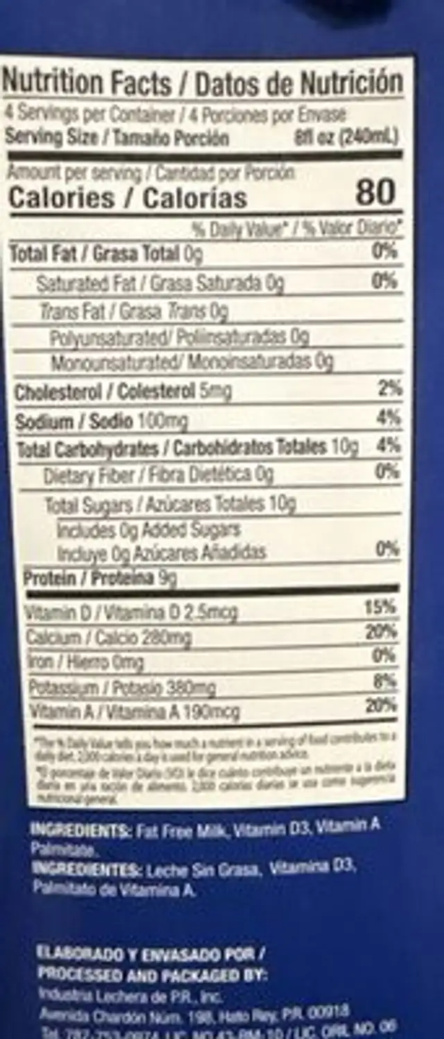 Leche Sin Grasa 0% nutrition facts table