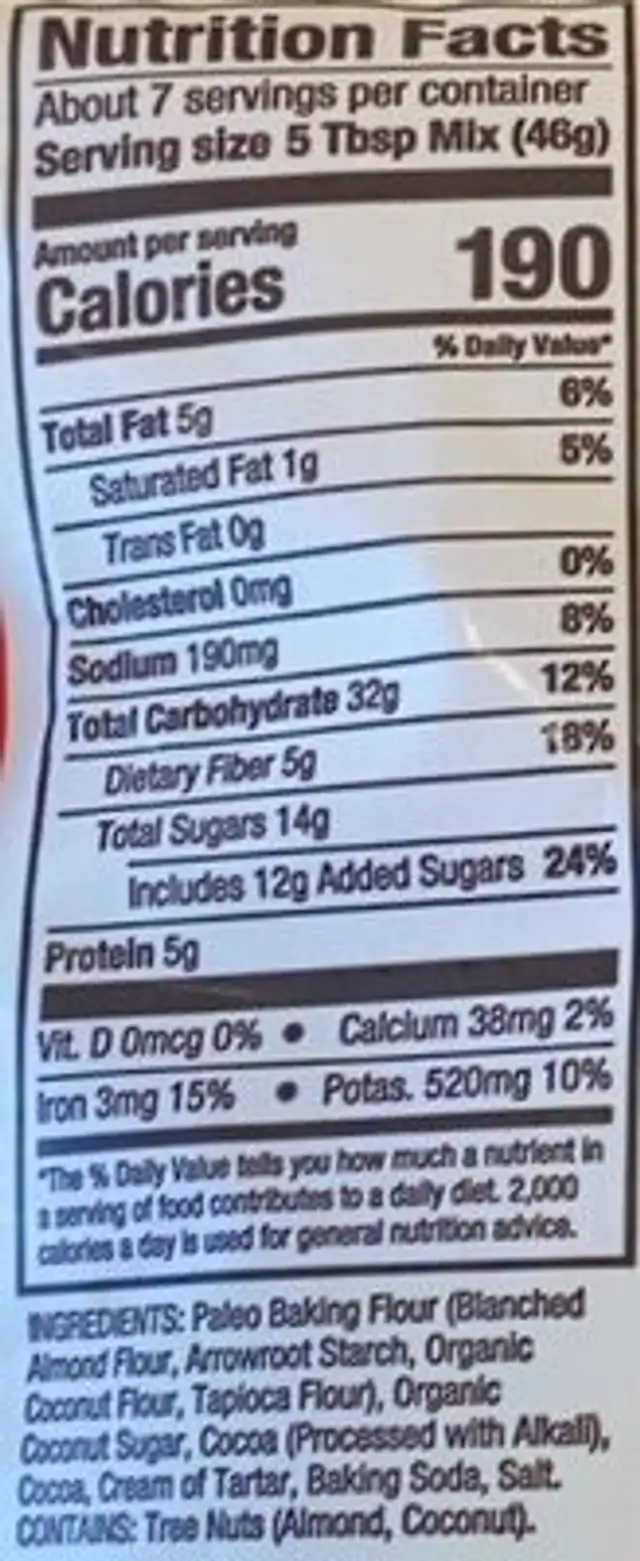 Bob's Red Mill Grain Free Chocolate Cake Mix nutrition facts table