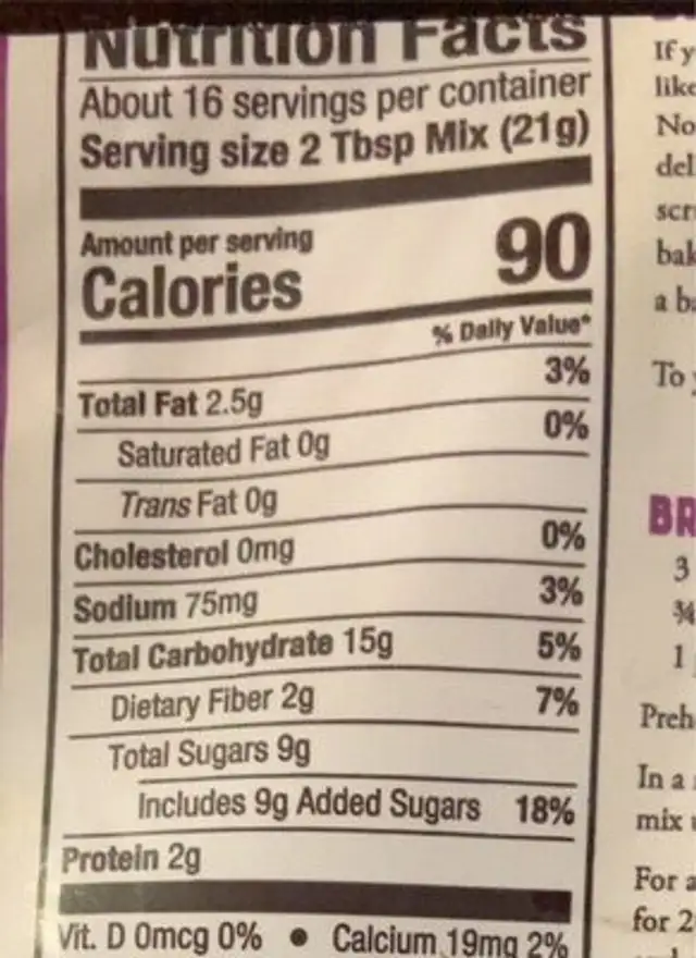 Brownie Mix nutrition facts table