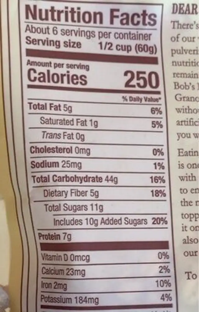 Honey Almond Granola nutrition facts table