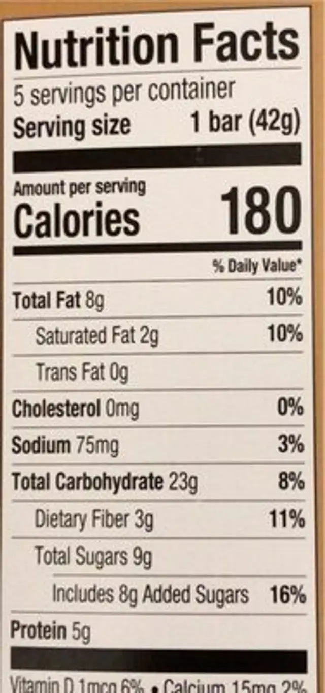 Peanut Butter Chocolate & Oats Bob's Bar nutrition facts table