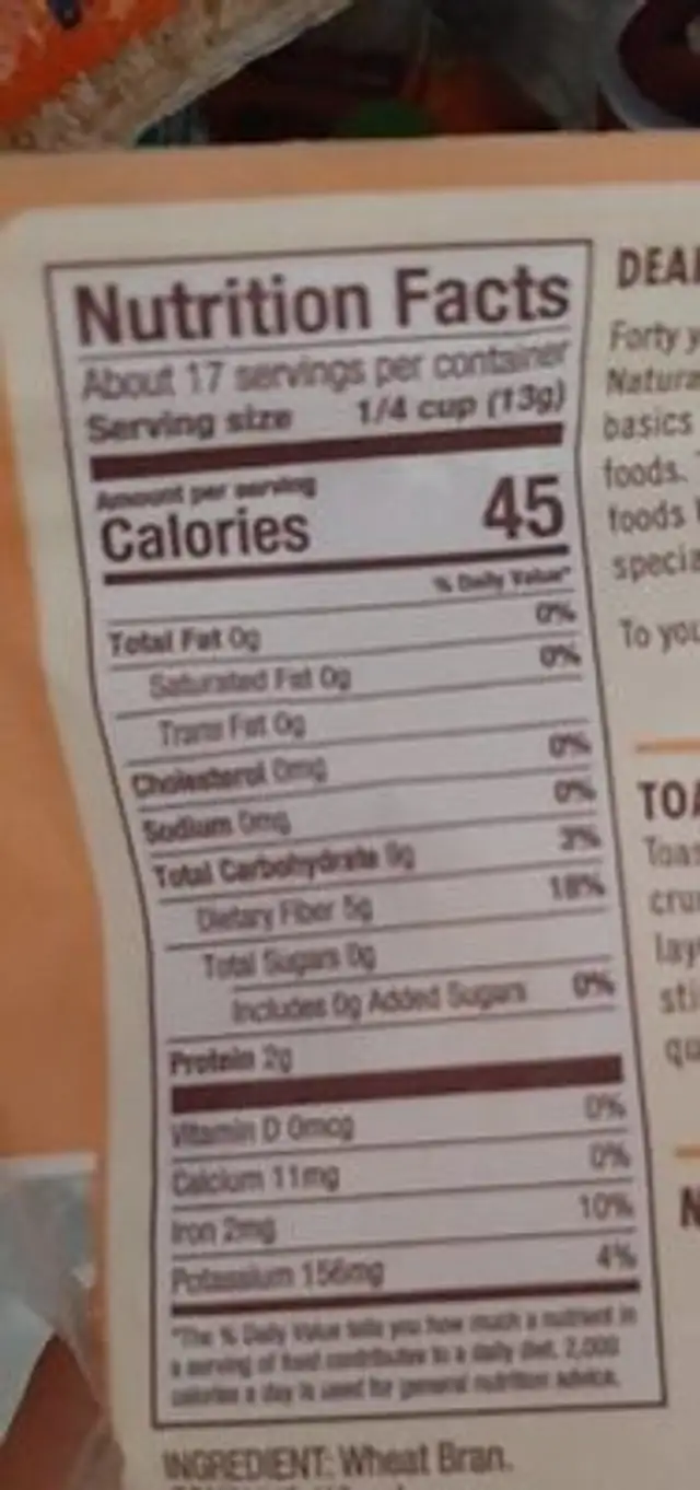 Wheat Bran nutrition facts table