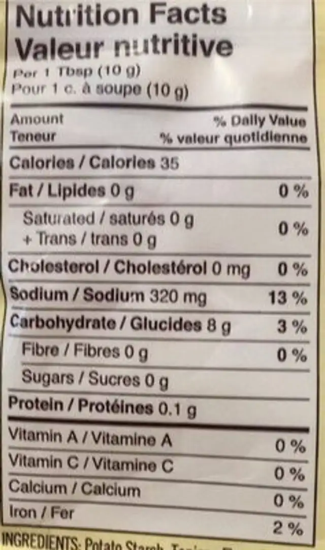 Egg replacer nutrition facts table