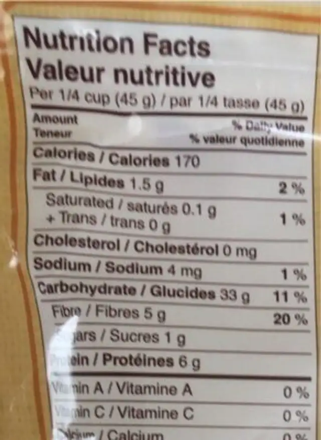 Organic Whole Grain Quinoa nutrition facts table