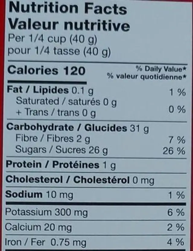 Sun maid nutrition facts table
