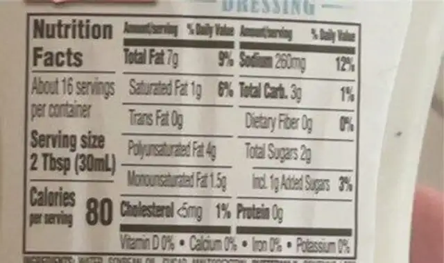 Light Ranch Dressing nutrition facts table