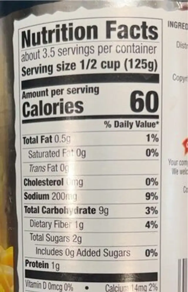 Golden sweet corn nutrition facts table