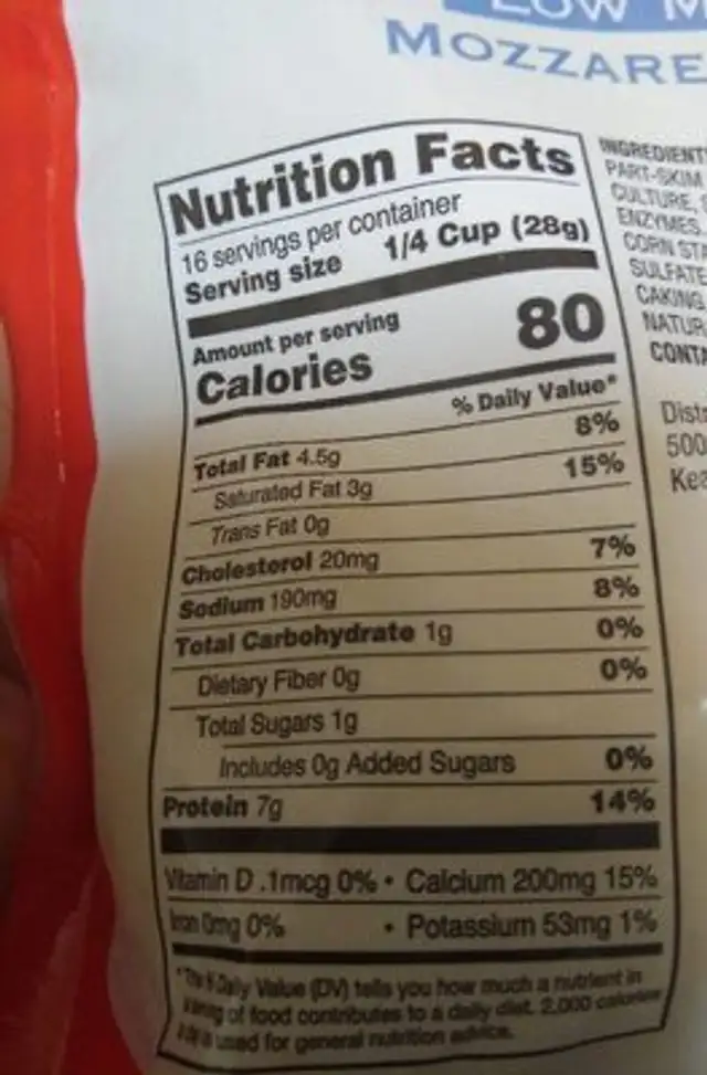 Shredded Mozzarella Part-Skim Low Moisture nutrition facts table