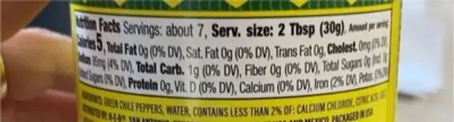 Diced Green Chilies nutrition facts table