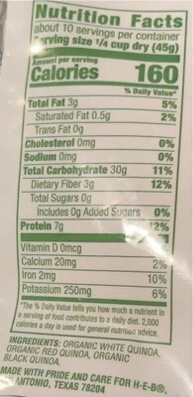 Tri-Color Quinoa nutrition facts table
