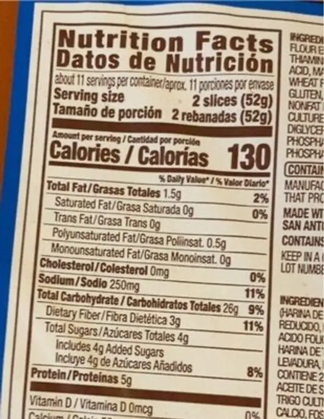 Whole graine white enriched bread nutrition facts table