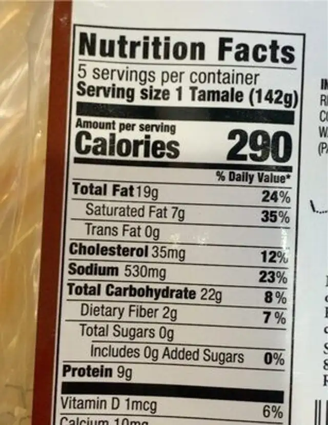 Pork tamales nutrition facts table