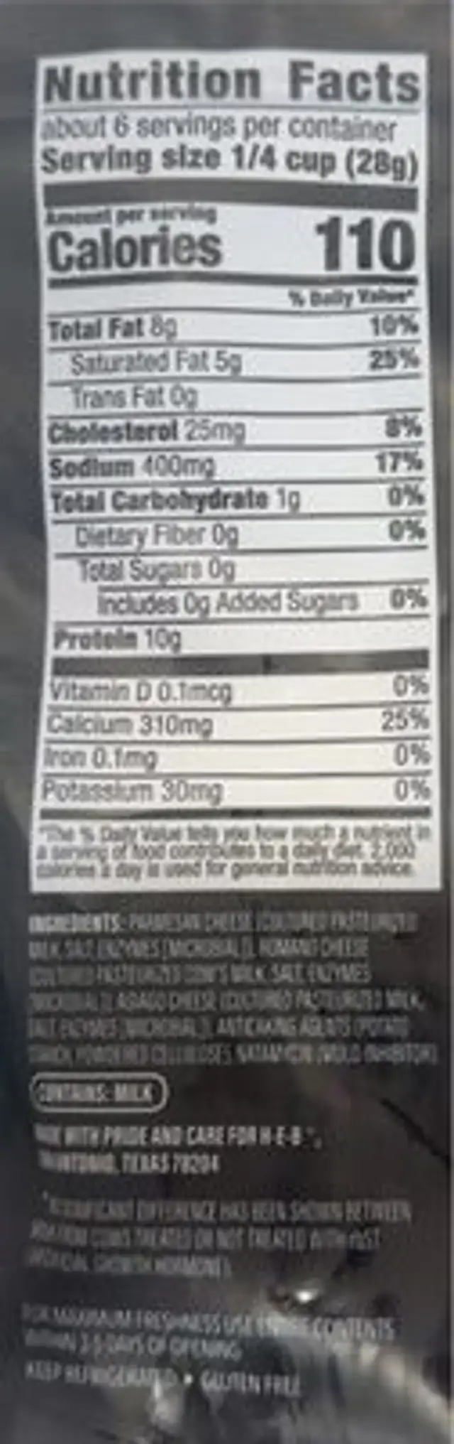 Natural Cheese, shaved, three cheese, Italian style blend nutrition facts table