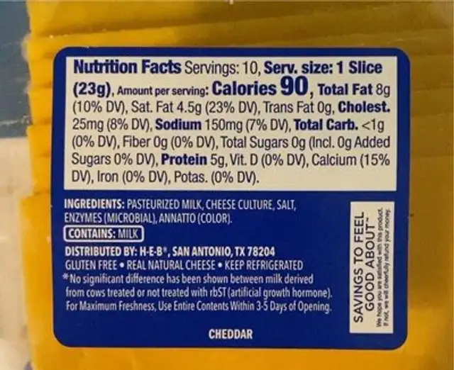 Natural cheddar nutrition facts table