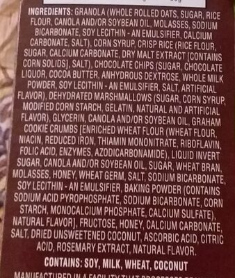 Chewy Bars ingredients label