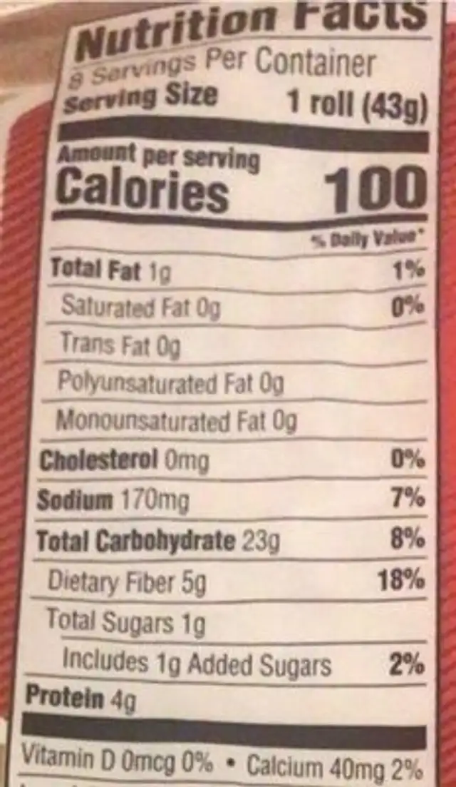 Thin rounds nutrition facts table