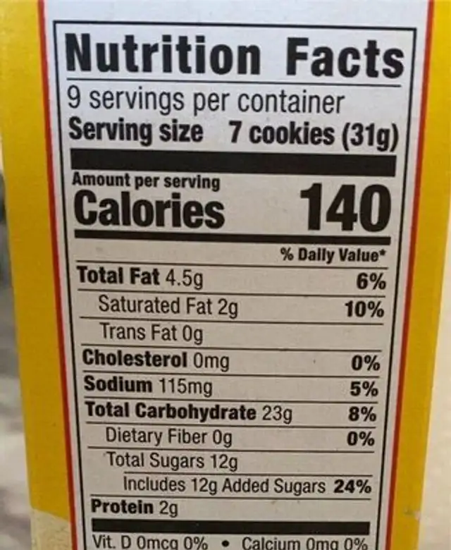 Vanilla Wafers Cookies nutrition facts table