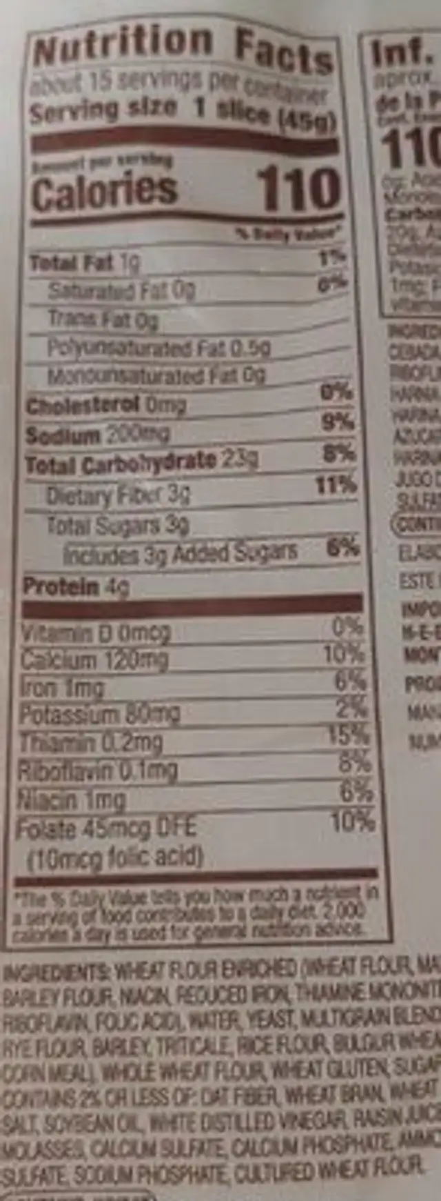 Bread nutrition facts table