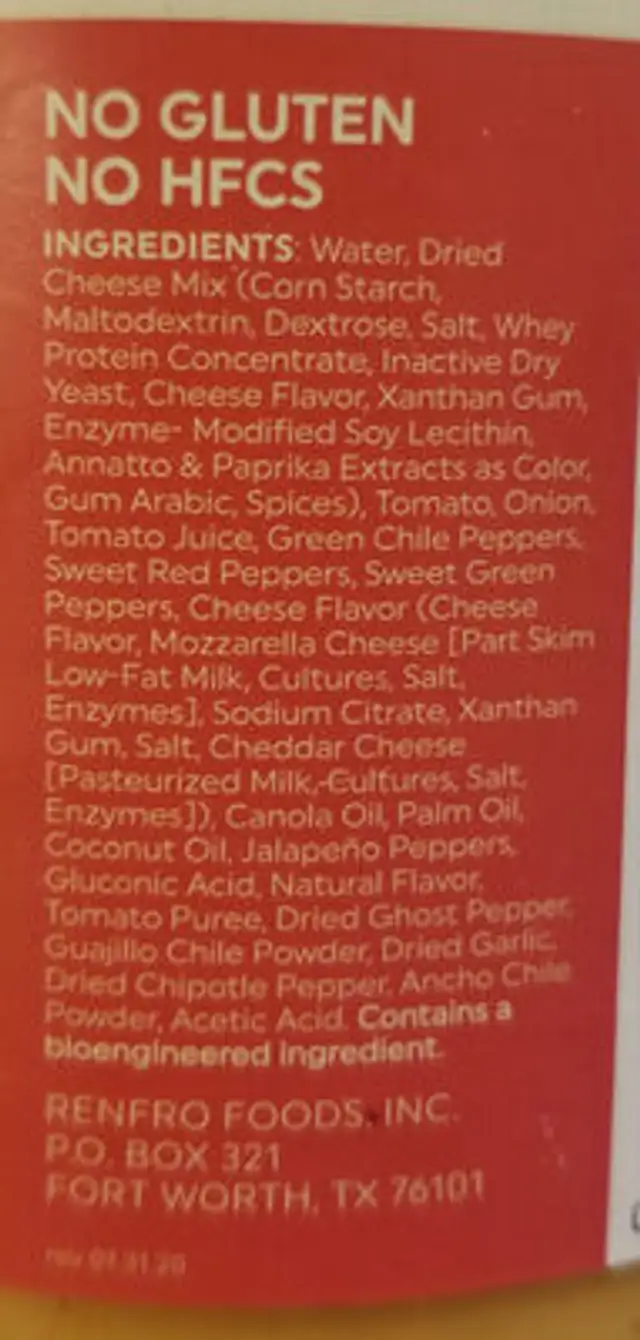 Nacho cheese sauce ingredients label