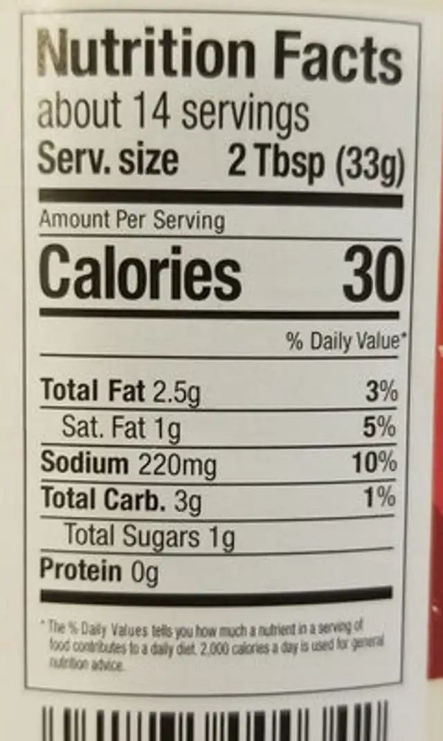 Nacho cheese sauce nutrition facts table