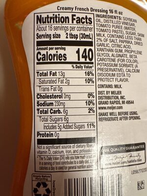 French Dressing nutrition facts table