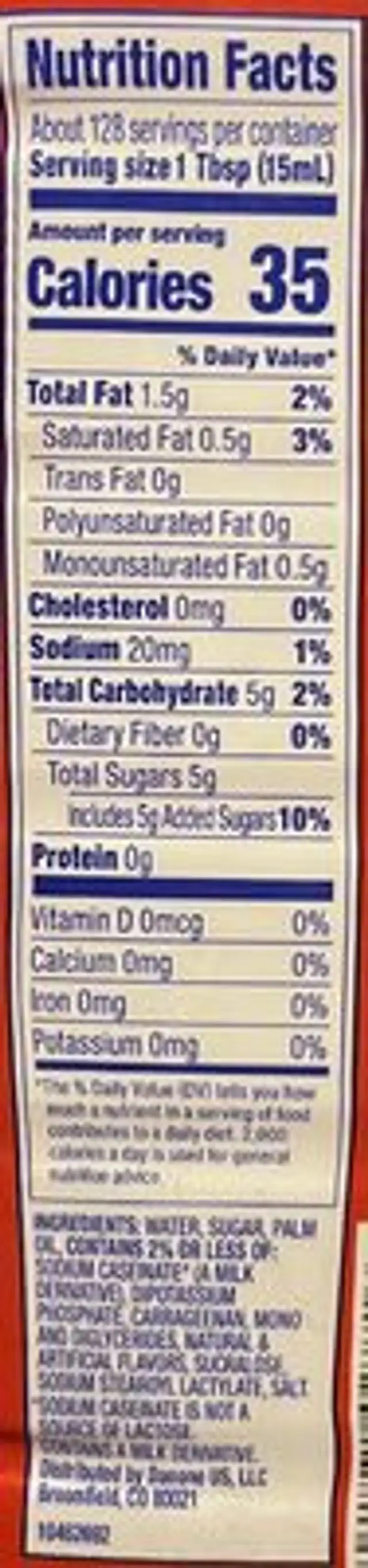 Coffee Creamer ingredients label