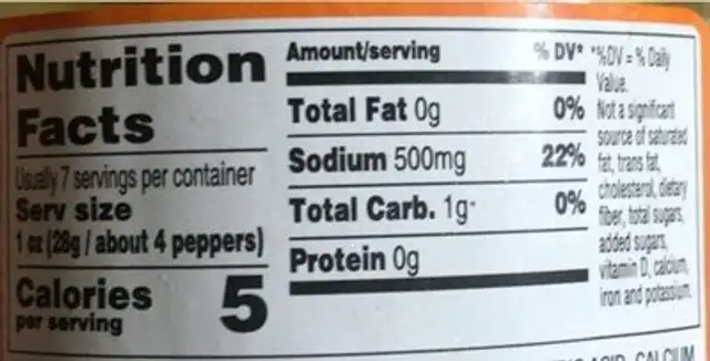 Whole pepperoncini peppers nutrition facts table