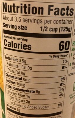 Sweet corn nutrition facts table