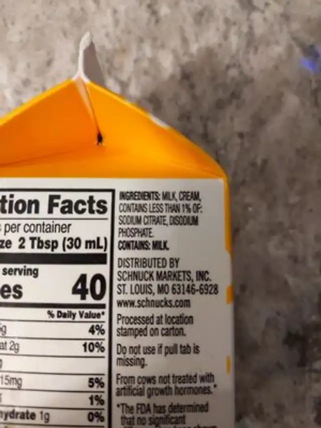 Ultra-Pasteurized Half and Half ingredients label