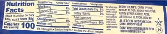 Red Ropes nutrition facts table