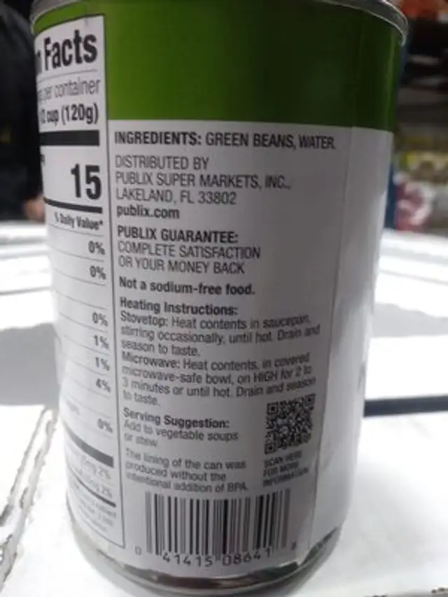 Cut green beans no salt added ingredients label