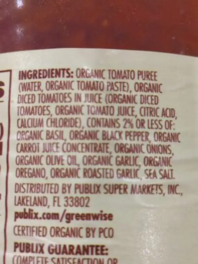 Greenwise, Organic Roasted Garlic Sauce ingredients label